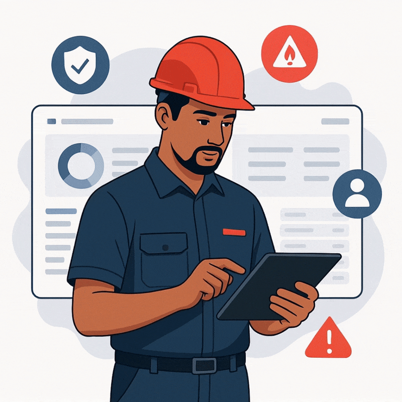 Fire safety technician using digital tablet